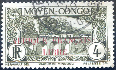 4 centimes Viaduc de Mindouli surcharges rouge et noire TTB