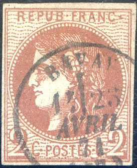2 centimes Bordeaux type 2 rouge brique foncé TTB