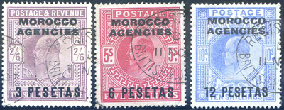 3 timbres Edouard 7 surchagés au Maroc TB