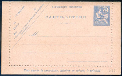 25 centimes Mouchon carte lettre neuve TTB