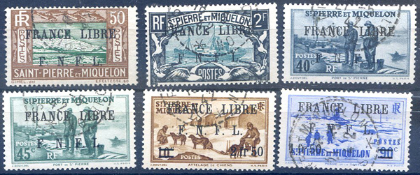 6 timbres France Libre Saint Pierre et Miquelon TTB