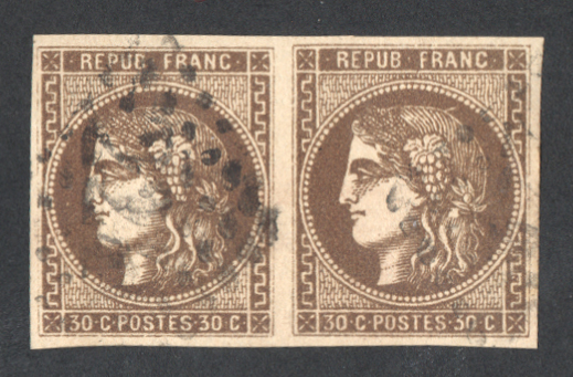 30 centimes Bordeaux,  brun paire, oblitéré GC, s/Calves TTB