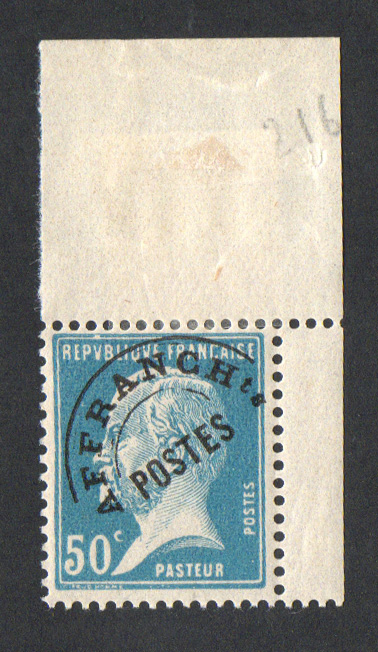 50 centimes Pasteur coin de feuille fraîcheur postale TTB