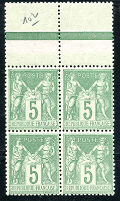 5 centimes Sage vert jaune N/B Bloc de 4 TTB