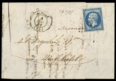 20 cts Empire type II bleu vert lettre de Aumale TTB