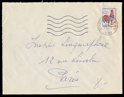 25 centimes Coq de Deacaris Fuorescent sur lettre 1963 TTB
