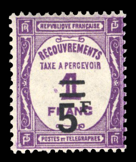 5 francs sur 1 franc lilas , fraîcheur postale. TTB