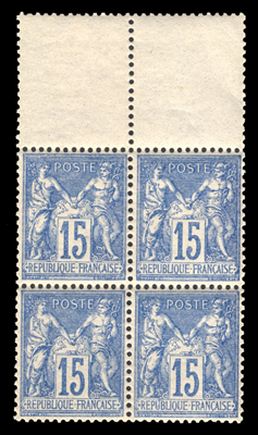 15 centimes bleu type Sage  bloc de quatre Superbe