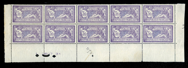 3 francs Merson violet et bleu bloc de 10 TTB