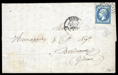 20 centimes Empire bleu sur vert , lettre obl de Paris TTB