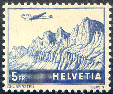 Série de 8 timbres avion survolant la Suisse TTB