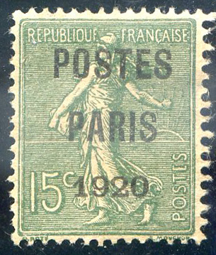 15 centimes semeuse lignée Postes Paris 1920 TTB