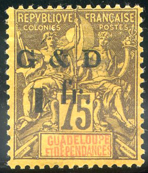 Guadeloupe1 franc renversé sur 75 centimes Sage TTB