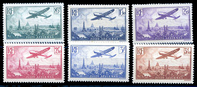 Série 6 timbres avion survolant Paris TTB