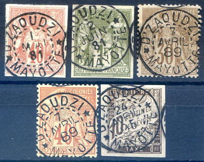 5 timbres colonies Générales oblitérés D'zaoudzi/ Mayotte TTB