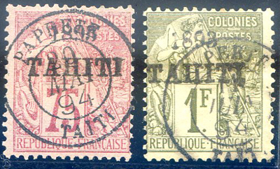 75 centimes et 1 franc Sage surchargés 1893 tahiti TB
