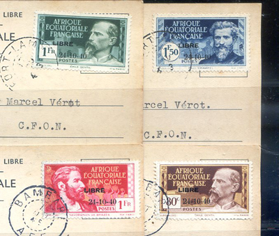 4 timbres arrivée de De Gaulle à Brazzaville sur 4 cartes TTB