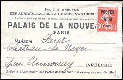 30 centimes Semeuse rouge Postes Paris 1922 TB