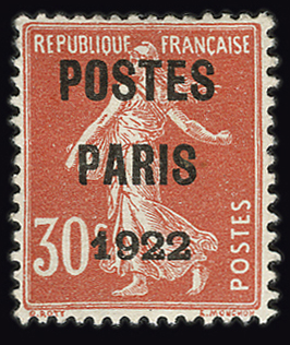 Préoblitéré 30 centimes rouge Poste Paris 1922 TTB