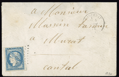 20 centimes bleu Type 1 sur lettre obl Marcenat Cantal TTB