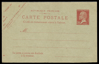 30 centimes rouge Pasteur , carte réponse payée TTB