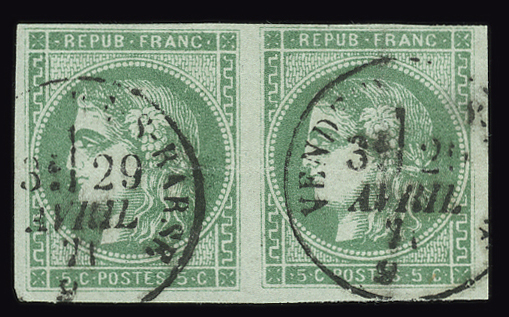 5 centimes Bordeaux paire vert-émeraude foncé, Rare B+