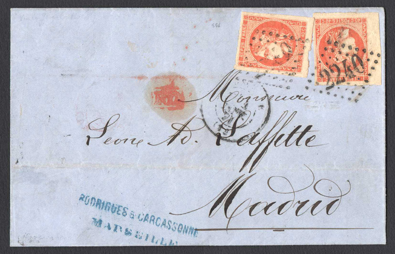 40 cents vermillon vif, deux timbres sur lettre de Marseille TTB