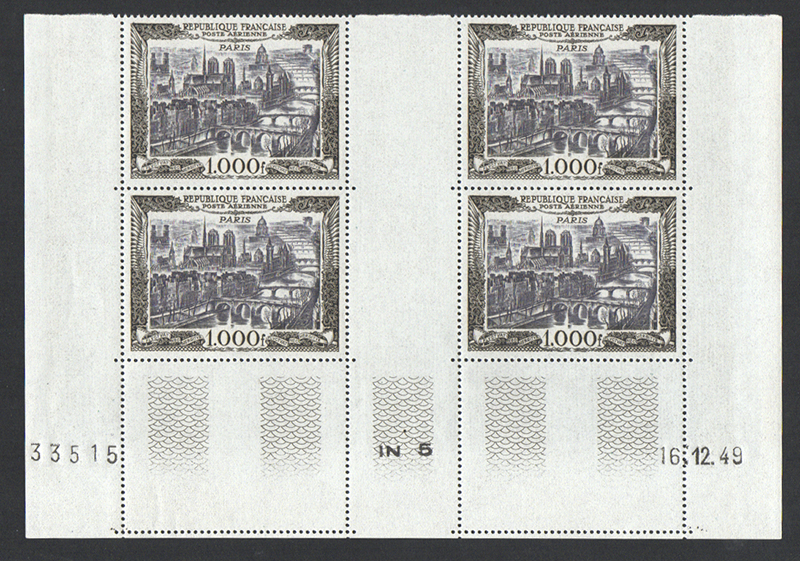 1000 francs noir Paris bloc de 4 coin daté 16/12/49 TTB