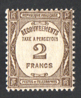 2 francs sépia, taxe recouvrement, fraîcheur postale TTB