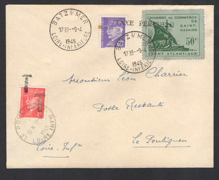 50 centimes Saint Nazaire sur lettre de Batz du 9 avril 1945 TTB