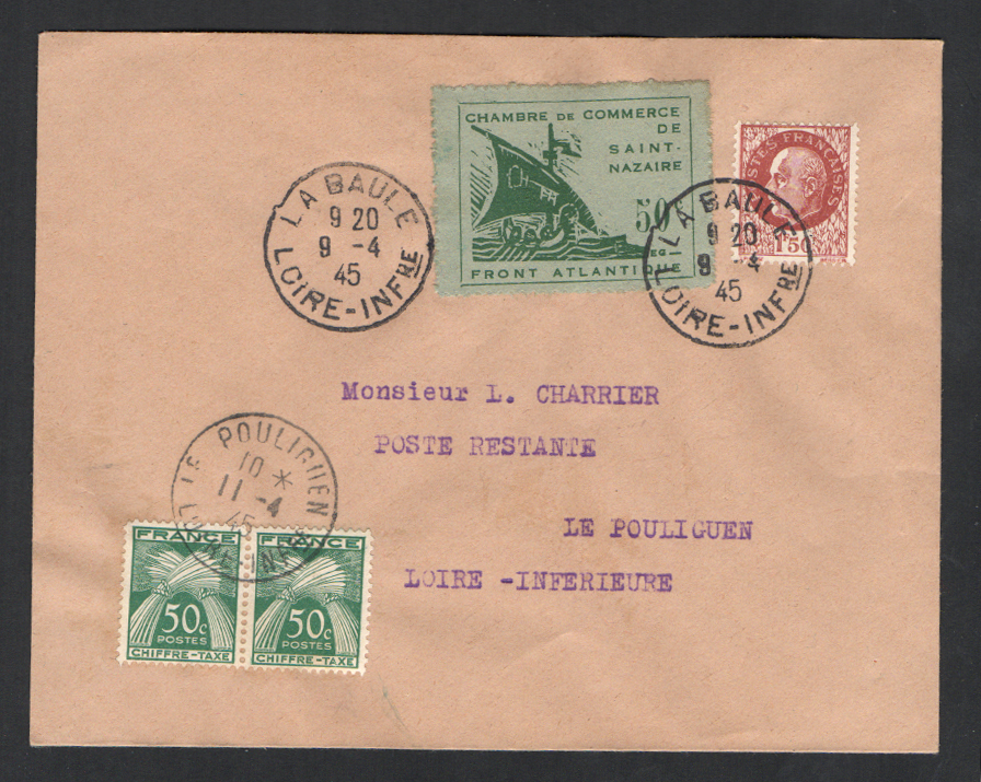 50 centimes Saint Nazaire sur lettre La Baule du 8 avril 1945 TT