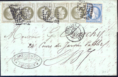 1 centime bande de 5 + 20 c siége lettre de septembre 1871 TB