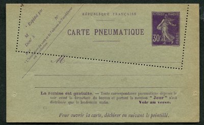 30 centimes semeuse sur lettre pneumatique perforation décalée T