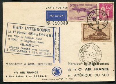 1er vol postal France Amérique du sud 17/2/1935