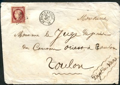 1 franc carmin brun vif de 1853 sur lettre TTB