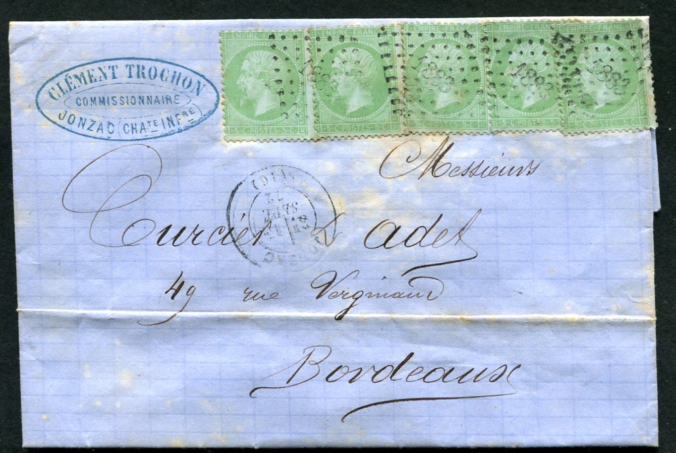 5 centimes vert sur bleu emission de sept 1871 sur lettre