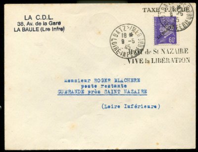 Lettre du 9/5/45 vive la libération poche de Saint Nazaire TTB