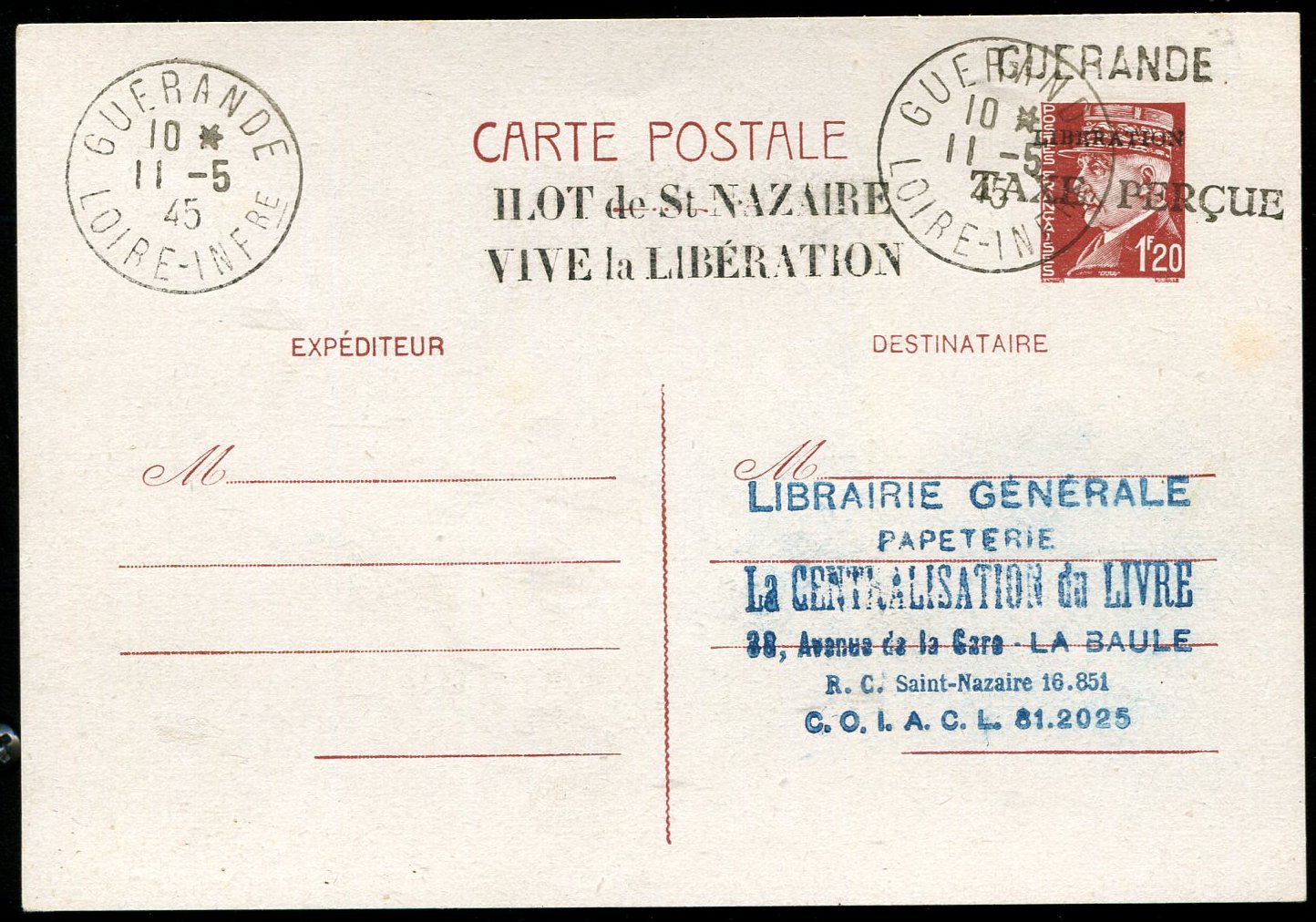 Entier postal surchagé Libération poche de Saint Nazaire TTB