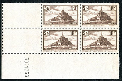5 francs Mont Saint Michel bloc de 4 coin daté 30.1.36 TTB