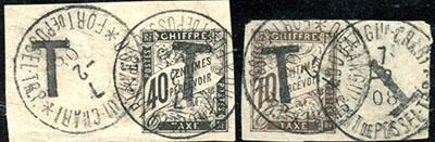 2 timbres taxes sur fragment oblitérés Fort Possel rare et TTB