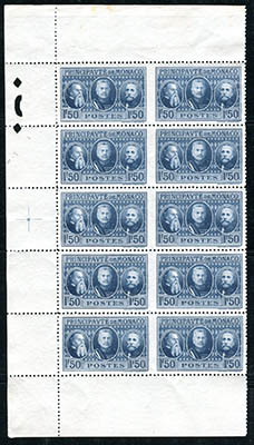 1,50 Princes de Monaco bloc de 10 timbres dentelés sur 3 côtés T