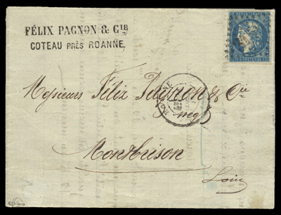 20 centimes Bordeaux bleu foncé Type 1 rep 1 sur lettre TTB