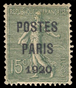 15 centimes semeuse lignée vert-olive Poste Paris 1920 TTB
