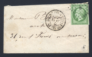 5 centimes vert sur lettre oblitéré de Paris bureau B TTB