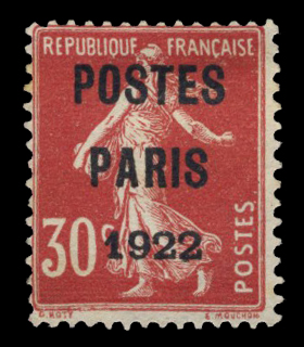 30 centimes rouge Poste Paris 1922, très frais TTB