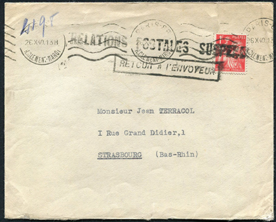 1 franc sur lettre de Paris à Stasbourg relations postales supen