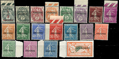 1ère série Andorre timbres de France surchargés jusqu'au 2F TTB