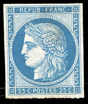 25 centimes bleu Cérès réimpression B+
