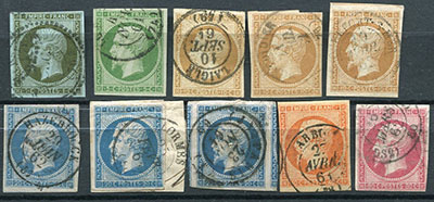 10 timbres empire non dentelé oblitération cachet à date pp TTB