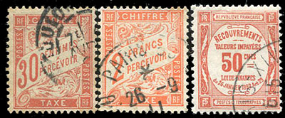 30 centimes et 2 francs rouge orange et 50 centimes impayées TTB